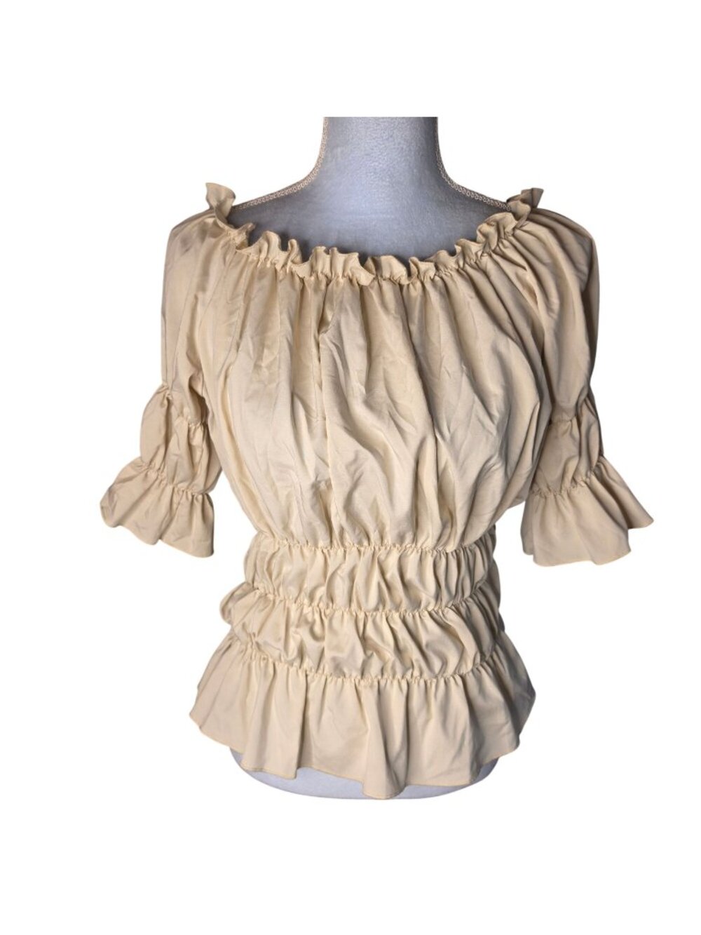 Smocked Peasant Top Boho Milkmaid Off Shoulder Ruffle Cottagecore Tan Y2K Sz S/M